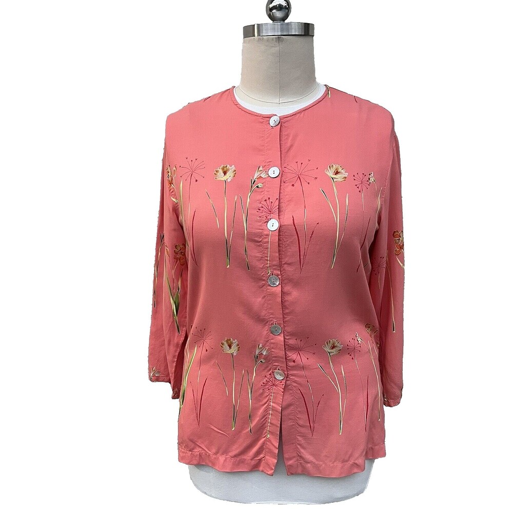 NIRA NIRA Tunic Top Blouse Women's L Wildflower Floral Peach Button Up